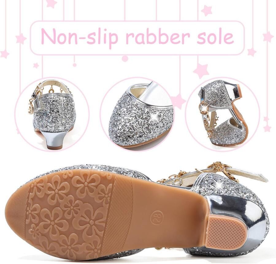 SnelShoppen LECYGNB Prinsessenschoenen voor Meisjes Hoge Hak Pailletten Zilver Cosplay Bruiloft Verjaardag Feest Dans Ballerina's Sandaal