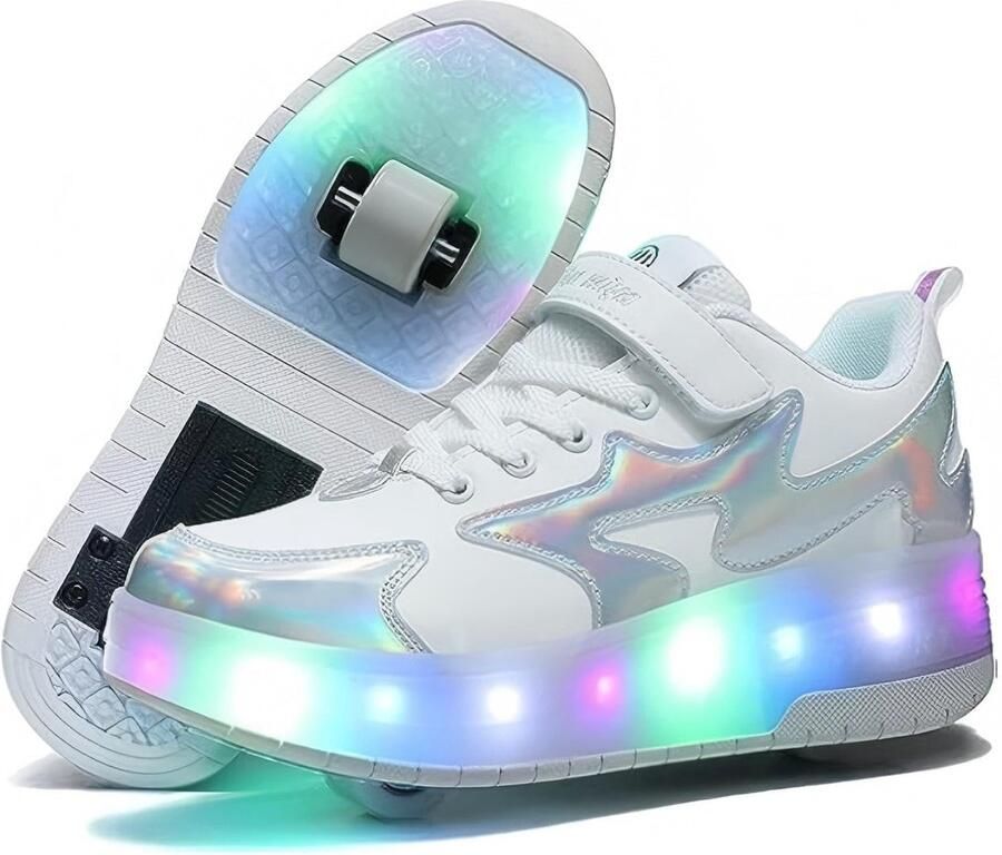 SnelShoppen Lengender Kinderschoenen met Wieltjes LED Lichtgevende Sneakers met USB Oplaadbaar Dubbele Wielen voor Buiten Skateboard Wit