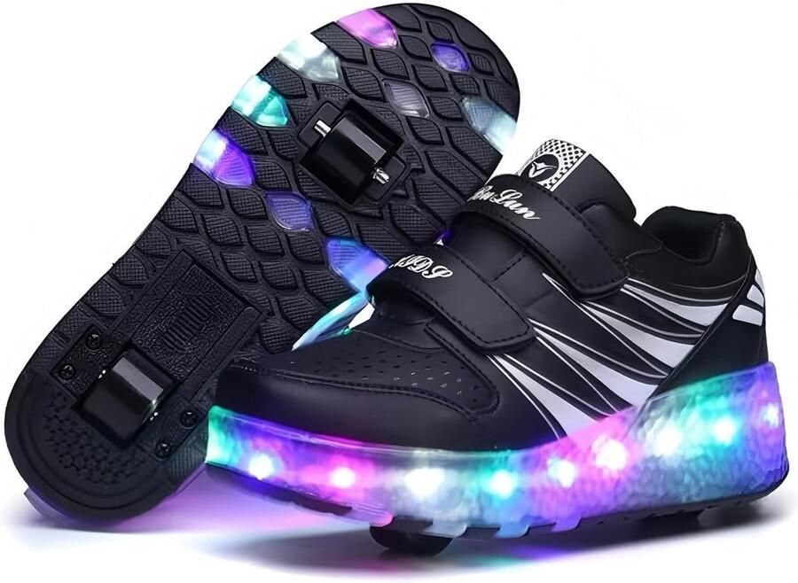SnelShoppen Lengender Kinderschoenen met Wieltjes LED Lichtgevende Sneakers Oplaadbare USB Dubbele Wielen Outdoor Skateboard Schoenen Zwart Ma