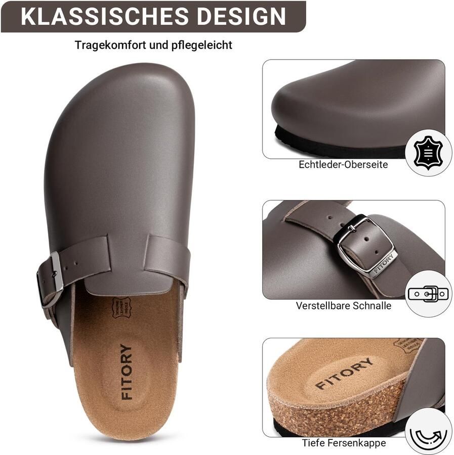 SnelShoppen Leren klompen heren met voetboogondersteuning comfortabele slip-on mules kurk aardappelschoenen grijs leer