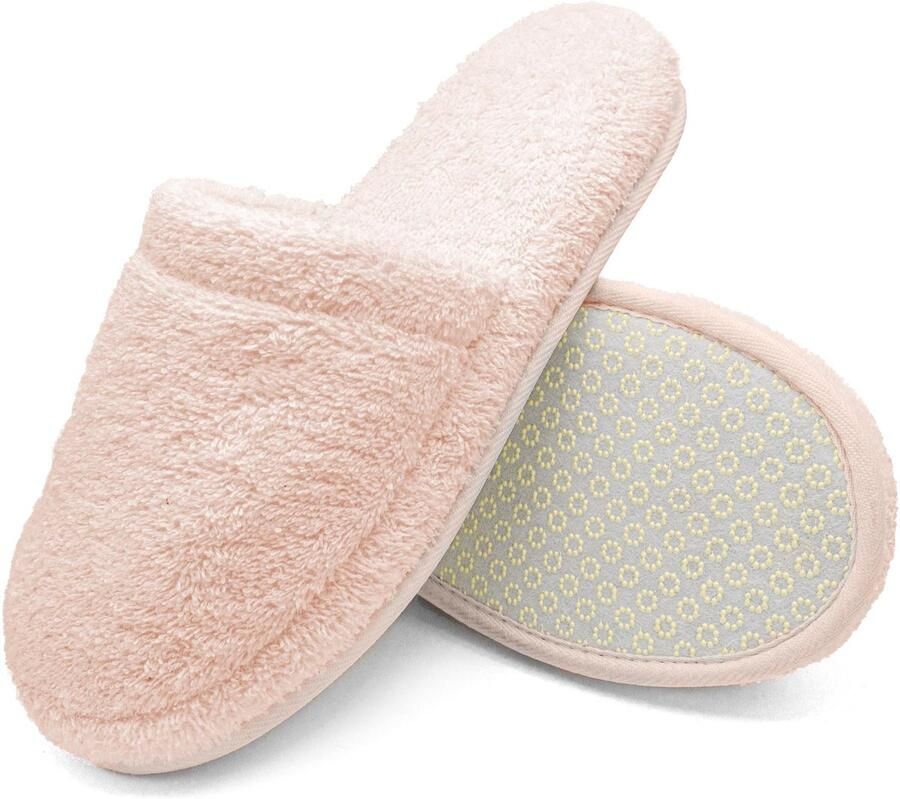 SnelShoppen Luxe Memory Foam Pantoffels 100% Badstof Katoen Antislip Gesloten Neus Wasbare Hotelslippers voor & Poederroze