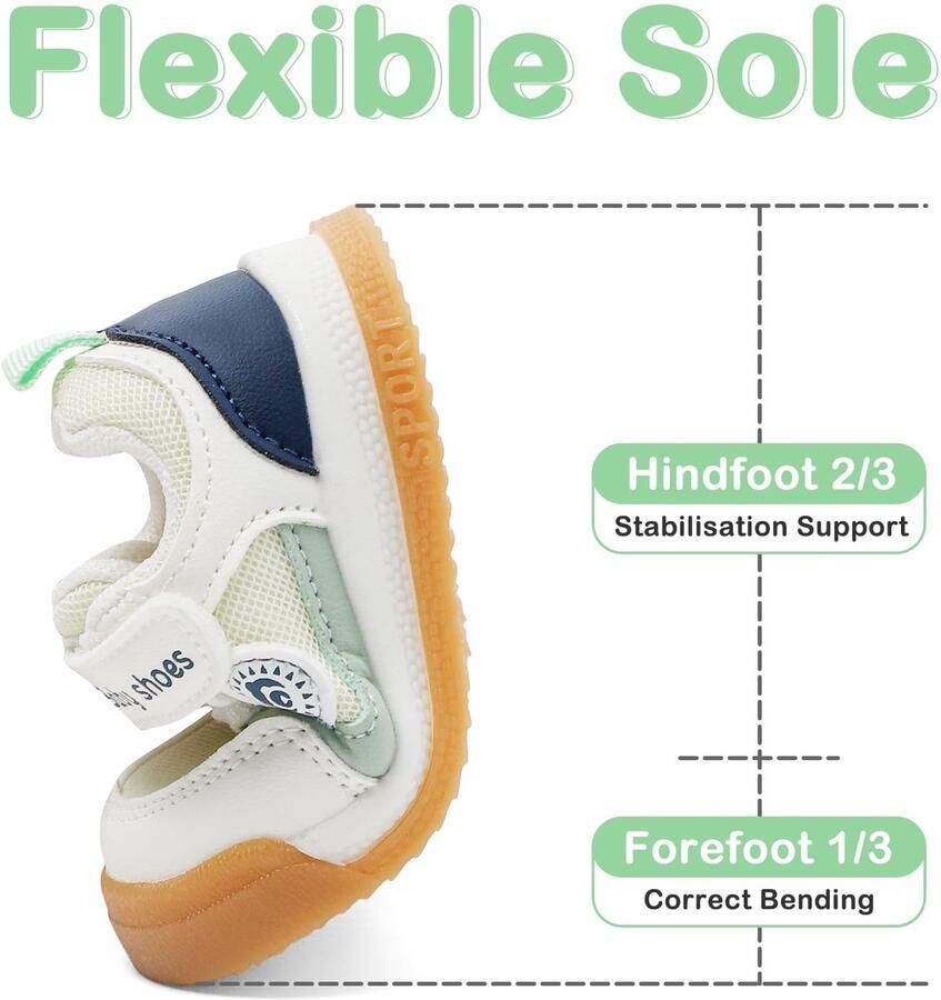 SnelShoppen MASOCIO Babyschoenen voor en antislip zacht rubber plat buiten EU wit groen voor spelen wandelen tuin