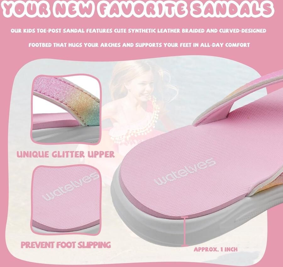 SnelShoppen Meisjes Teenslippers met Dikke Zool Schaalglitter en Gevlochten Design Antislip Zomerschoenen voor Strand en Zwembad (Regenboogglitter