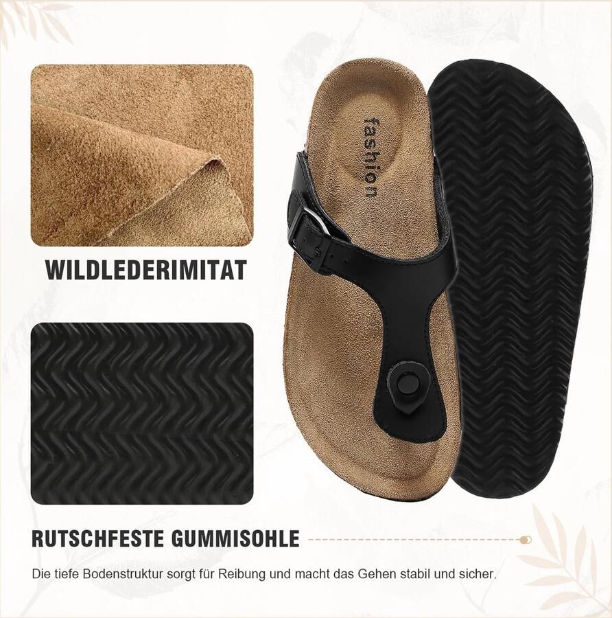 SnelShoppen Modieuze Dames Teenslippers met Dikke Zool Antislip Sandalen van Suède en Kurk Ondersteuning Voetboog Zwart EU Perfect voor