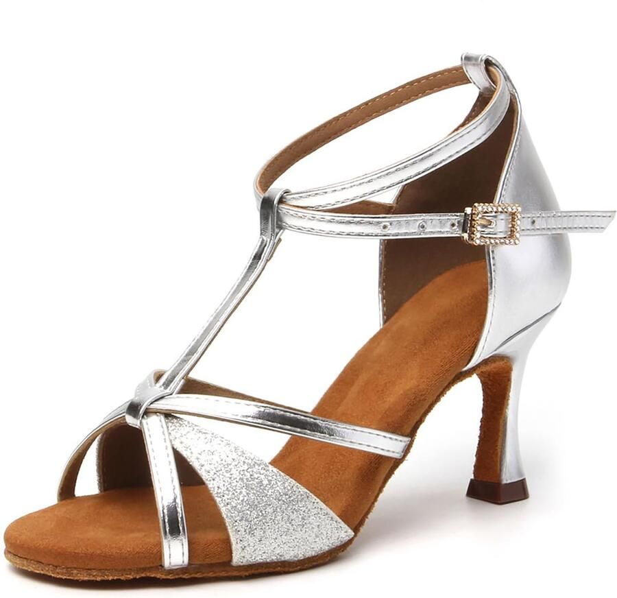 SnelShoppen Open Vrouwen Latin Tango Dans Schoenen Zilver Hak Perfect voor Salsa Ballroom en Sociale Feesten