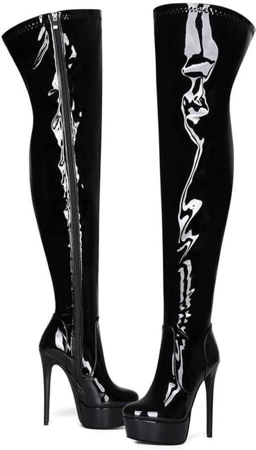 SnelShoppen Overknees laarzen dames met platform en naaldhak hoge hakken boven de knie lange ritssluiting lakleer sexy boots voor feest en uitga
