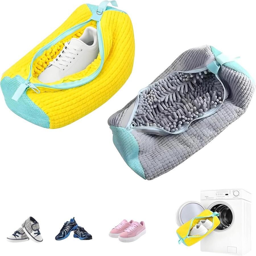 Thijox Set van 2 Schoenwaszakken Grijs Geel met Turquoise Accenten Wasmachinebescherming voor Sneakers en Sportschoenen met Ritssluiting