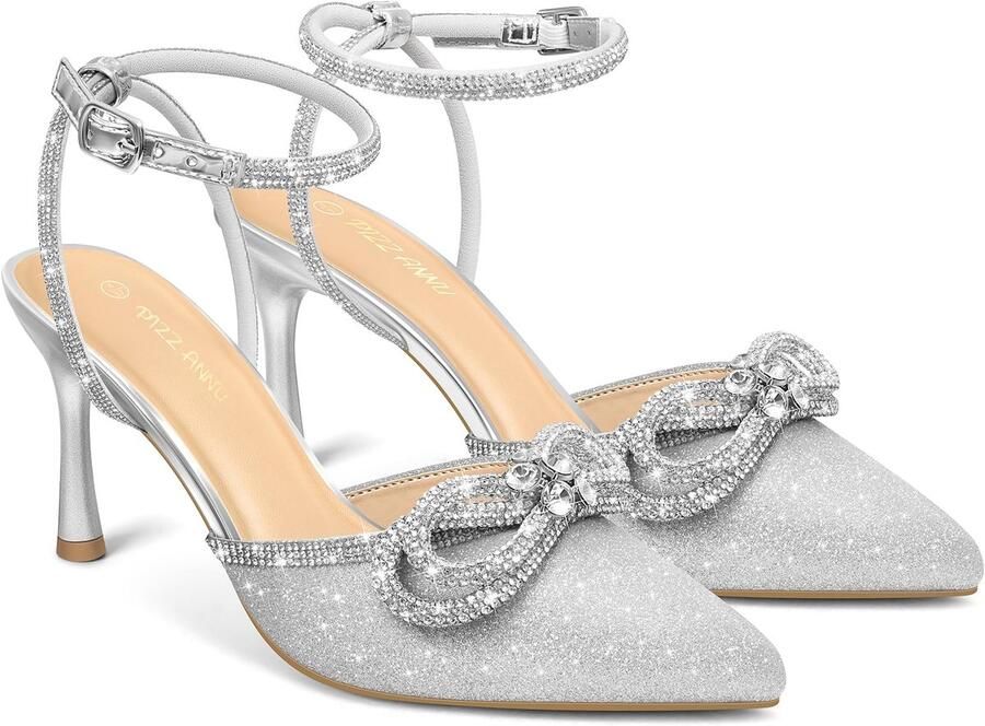 SnelShoppen Pizz Annu Cienna High Heels Pumps Dames Stiletto Hak Elegante Puntneus Sandalen met Enkelband Zilveren Strik voor Bruiloft en Fees