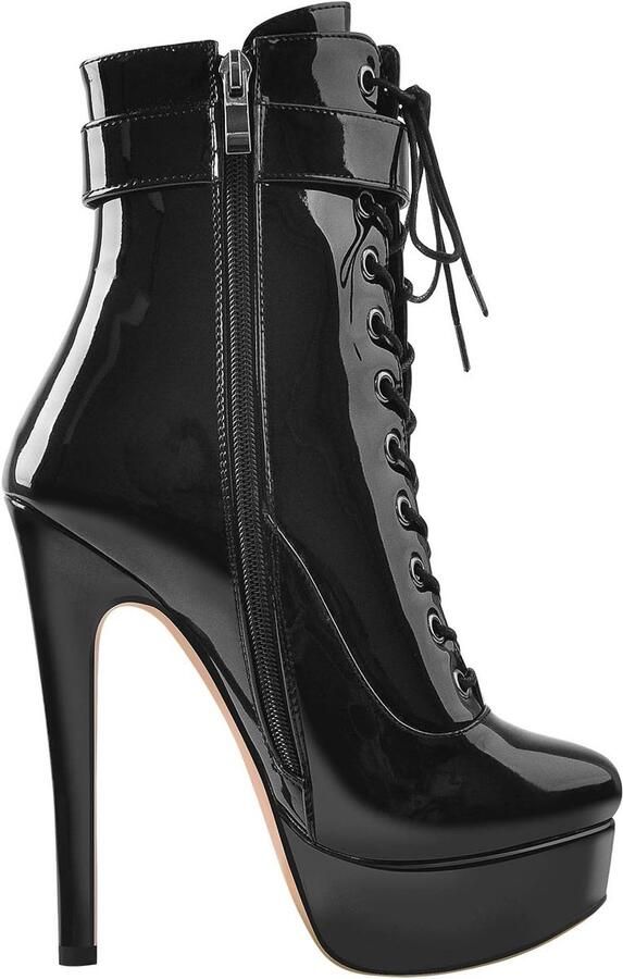 SnelShoppen Plateau Enkellaarzen Dames met Veter en Hoge Stiletto Hak Elegante Booties voor Feest Avond en Casual Zwart