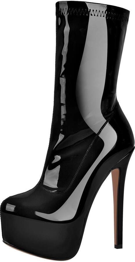 SnelShoppen Plateau Korte Laars Stilettos Hoge Hakken Elastische Laarsjes Lakkleur Zwart 42 EU voor Feest en Avondkleding