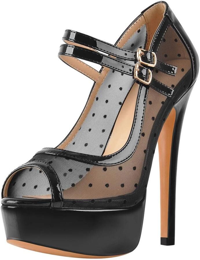 SnelShoppen Plateau Mary Janes Riemchenpumps met hoge hakken mesh gespen enkelgespen zwart EU voor feest avond uit casual en chic