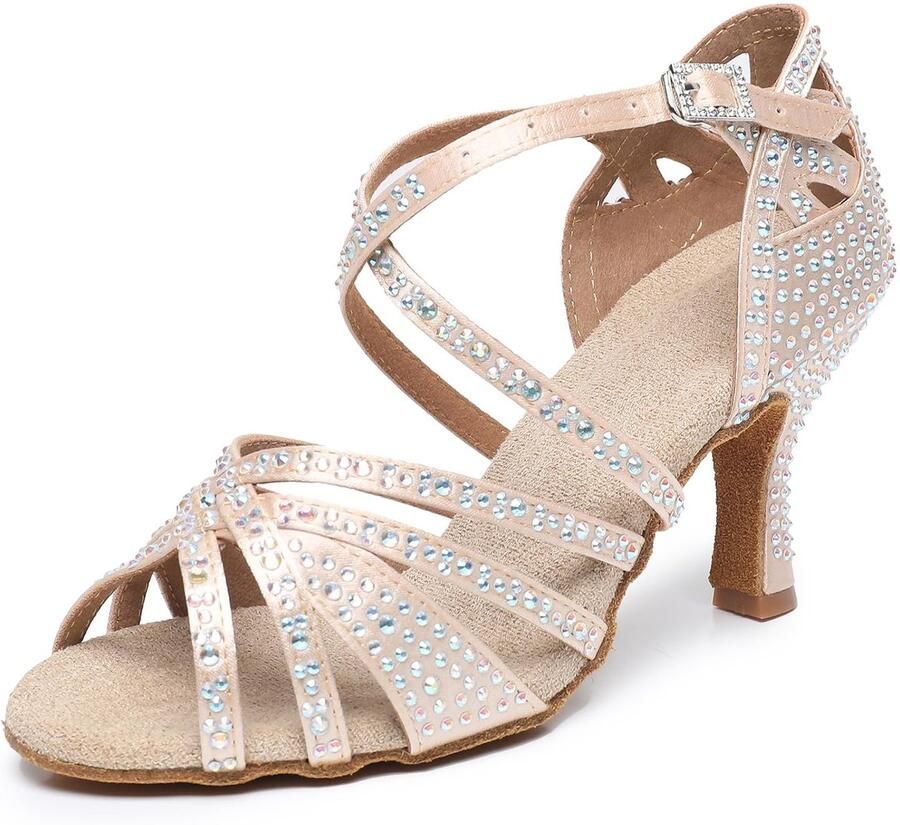 SnelShoppen Rosefinch Vrouwen Latin Dance Schoenen met Strass Zachte Bodem Hoge Hak 5 Beige 37.5 EU Perfect voor Moderne Pole Dance en Ball