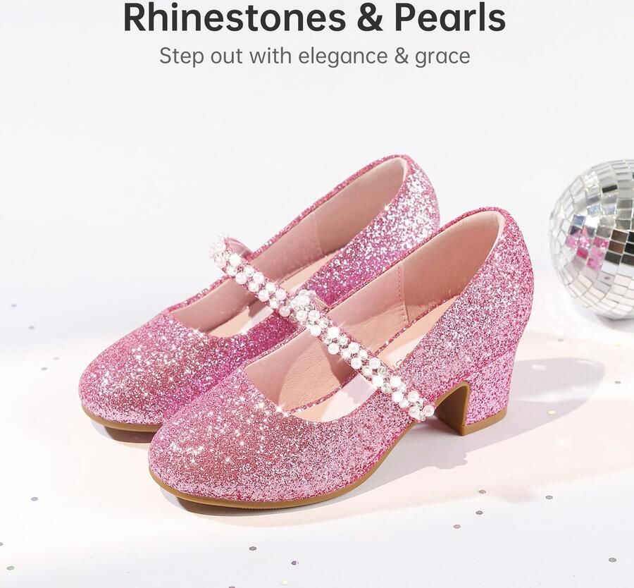 SnelShoppen Roze Pompen Kleiner Absatz Prinses Schoenen Meisjes 30 Hakken Kinder Mary Jane Glitzer Schoen met Bandjes voor Feest en Karneval