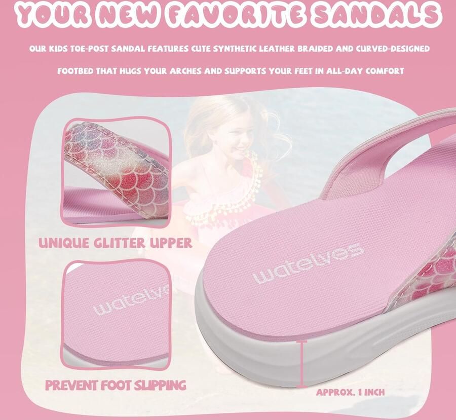 SnelShoppen Roze visschubben meisjes teenslippers met dikke zool antislip gevlochten design zomerschoenen voor strand en zwembad