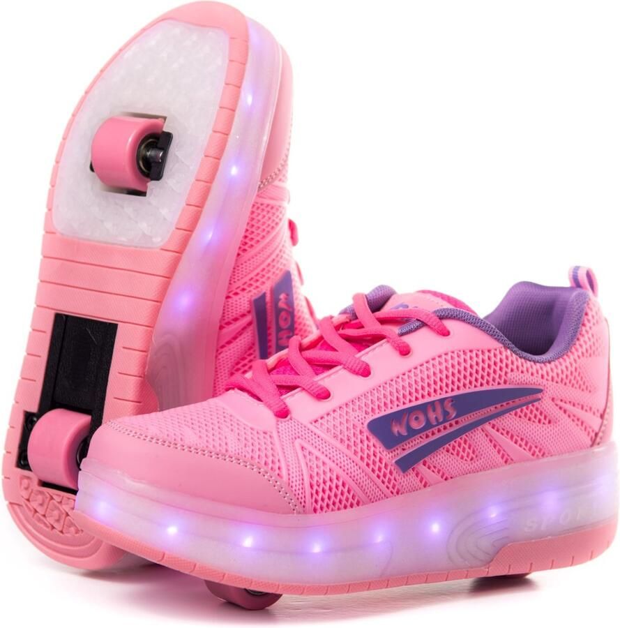 SnelShoppen Roze Lila Sneaker met Twee Wielen en Oplaadbare LED-lampjes 16 Lichteffecten Automatisch Achterwiel voor Kinderen en Feest