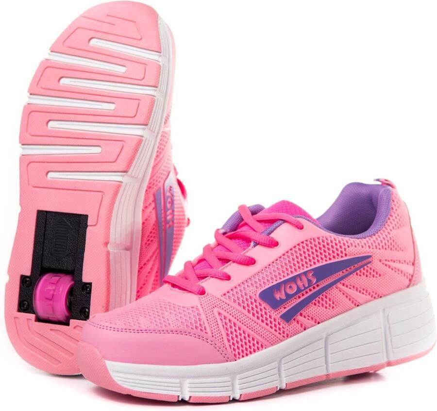 SnelShoppen Roze Lila Sneakers met Twee Wielen en Oplaadbare LED-Lampjes 16 Lichteffecten Automatisch Achterwiel voor Kinderen en Feeste