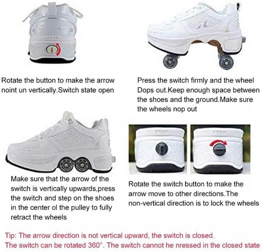 SnelShoppen Schoenen met Wieltjes voor Kinderen en Dames Rolschaatsen Skateboardschoenen Wit-Zilver Sportschoenen Sneakers met Wieltjes voor Fe