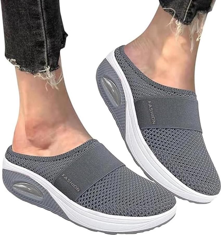 SnelShoppen Slip-on Wandelschoenen Dames Orthopedische Ademende Sneakers Luchtkussen Casual Schoenen voor Diabetici Donkergrijs