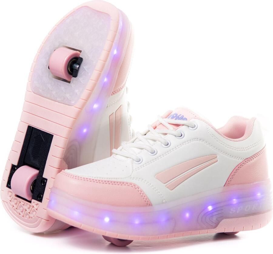 SnelShoppen Sneaker met twee wielen en LED-lampjes Oplaadbaar 16 lichteffecten Automatisch achterwiel Wit Lichtroze voor kinderen en