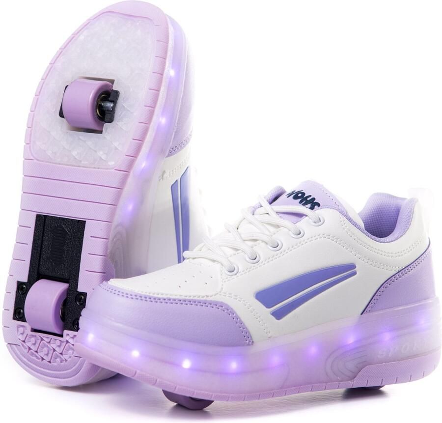 SnelShoppen Sneaker met Twee Wielen en Oplaadbare LED-Lampjes 16 Lichteffecten Automatisch Achterwiel Wit Lila voor Feest en Vrijeti