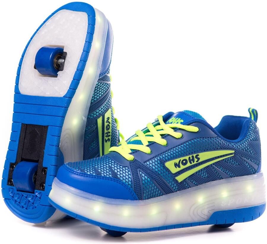 SnelShoppen Sneakers met Twee Wielen en Oplaadbare LED-Lampjes Blauw Groen 16 Lichteffecten Automatisch Achterwiel voor Kinderen P
