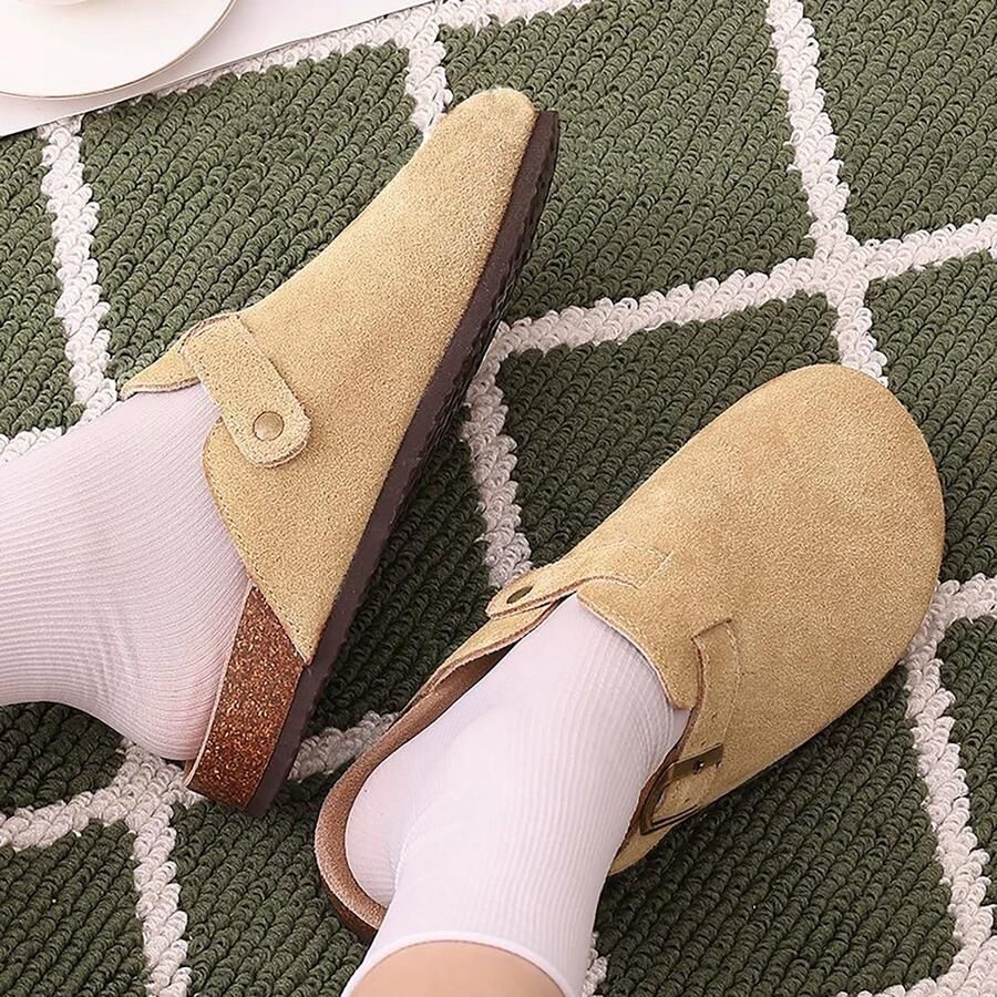 SnelShoppen Suede Uniseks Klompen Antislip Lederen Pantoffels voor en Ondersteuning van de Voetboog Zacht Kurken Voetbed