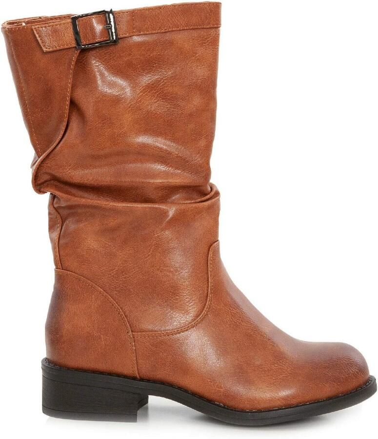 SnelShoppen Toocool Biker Boots Dames Imitatieleer Motorlaarzen met Gesp en Rits Lage Hak Kameel Perfect voor Feest en Dagelijks Gebruik