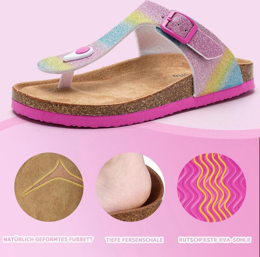 SnelShoppen Torotto Teenslippers voor Kinderen Antislip Slippers met Kurk Verstelbare Gesp Kleurrijke Glitters Pantoffels voor Binnen en Buite