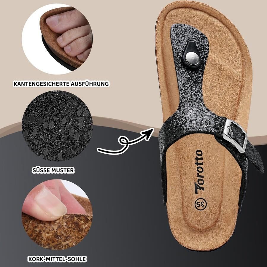 SnelShoppen Torotto Teenslippers voor Kinderen Zwarte Glitter Slippers met Kurk Verstelbare Gesp Antislip Pantoffels voor Binnen en Buiten