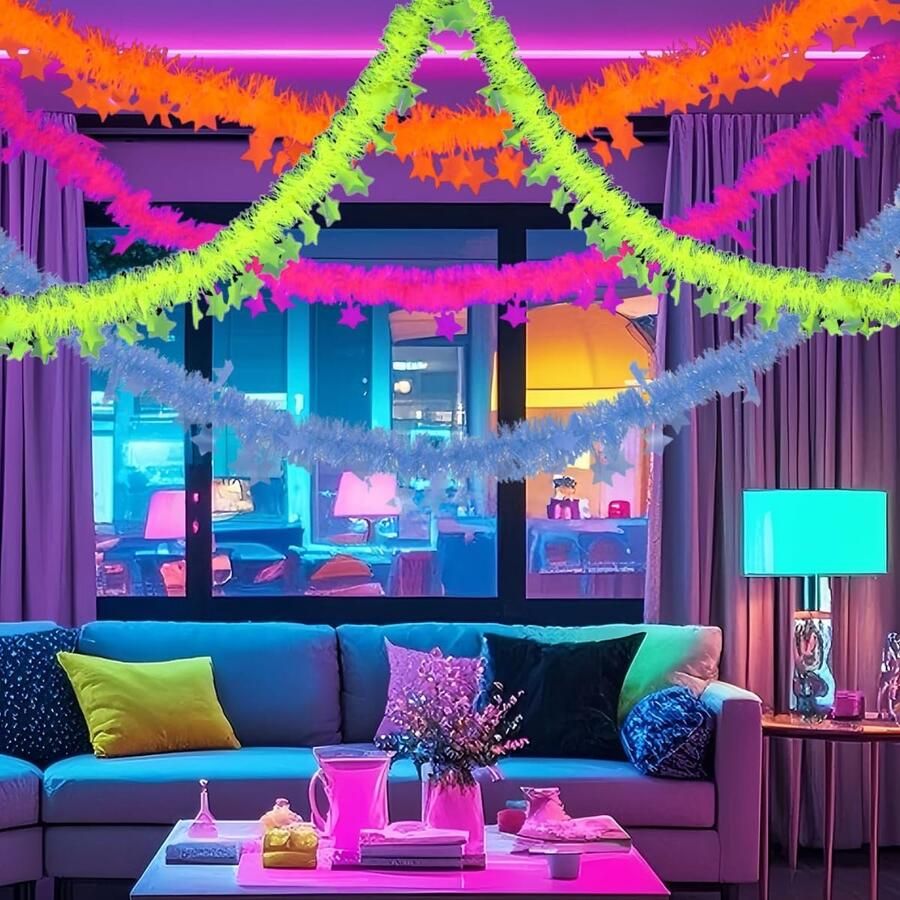 SnelShoppen UV Garland Set 4 Stuks 2m Neon Slippers Sterren Fluorescerende Feestdecoraties voor Zwarte Licht Glow Party Macarons Slippers Stripes