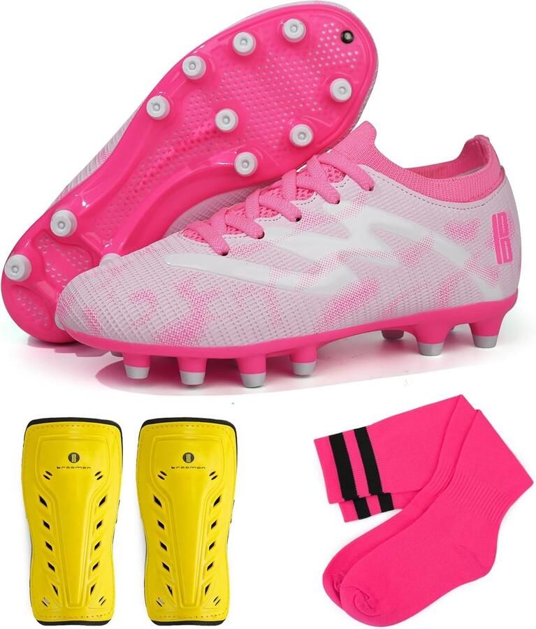 SnelShoppen Voetbalschoenen voor en Firm Ground voetbalschoenen met scheenbeschermers en voetbalsokken roze wit EU ideaa