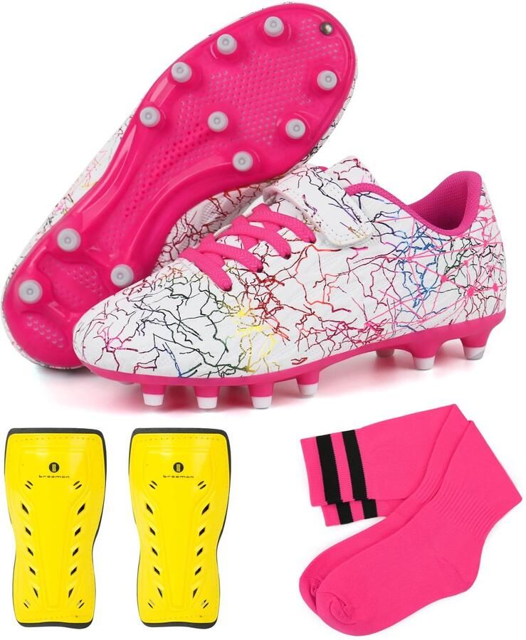 SnelShoppen Voetbalschoenen voor Kinderen en met Scheenbeschermers en Voetbalsokken Wit en Roze EU Ideaal voor Sport en