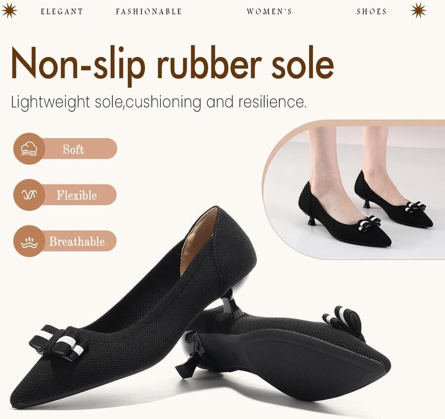 SnelShoppen Vrouwen Kitten Heel Schoenen Puntneus met Strik Gebreide Pumps Slip On Jurk Schoenen Zwart 39.5 EU voor Feest of Dagelijks Gebruik