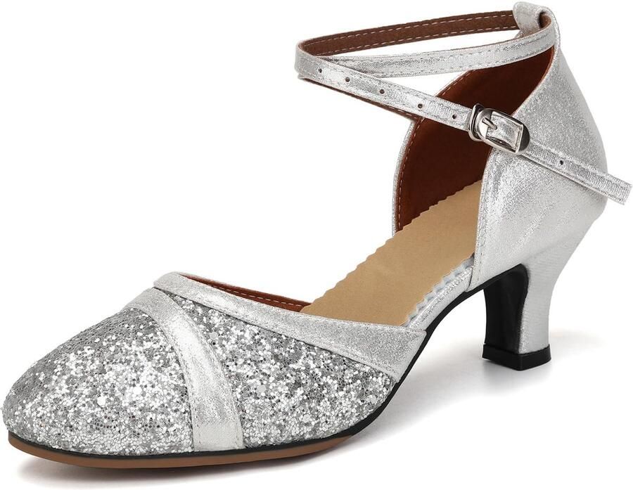 SnelShoppen Vrouwen Latijnse Salsa Dansschoenen Gesloten Teen Zilver met Lage Hak voor Tango Salsa Cha-cha Bruiloft en Feest