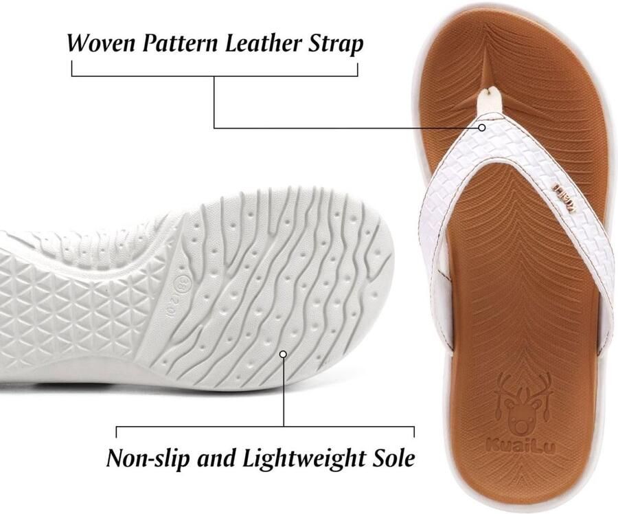 SnelShoppen Vrouwen leren teenslippers met steun voor de voetholte Comfortabele Yoga Mat Tanga Sandalen voor Plantaire Fasciitis Khaki Wit