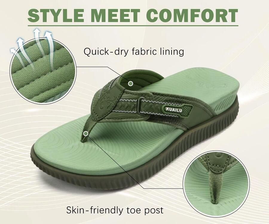 SnelShoppen Vrouwen Orthotische Flip Flops Met Bogen Ondersteuning Dikke Kussen Wandelsandalen Voor Dames Leer Casual Groen Binnen Buite