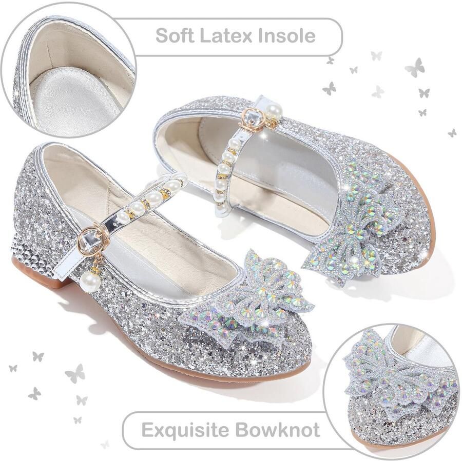SnelShoppen VTASQ Mary Jane Prinsessenschoenen voor Meisjes Ballerina's met Hak Glitterschoenen Feest- Bruiloft- en Schoolschoenen Zilver