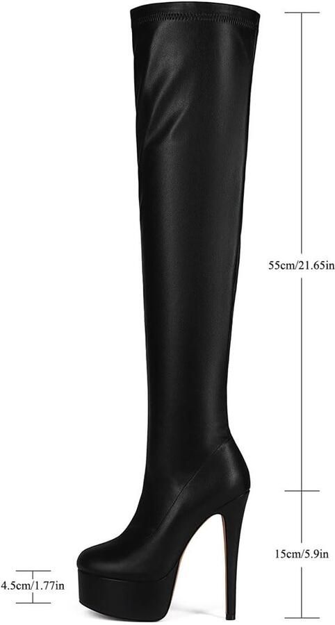 SnelShoppen Zwarte vrouwen hoge stiletto platform hak laarzen sexy mode dijbeen laarzen van leer boven de knie EU perfect voor feest