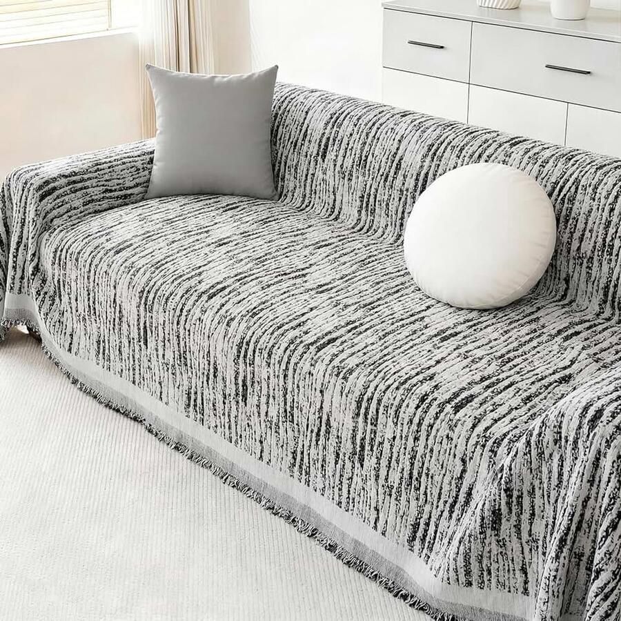 Sofa Cover 2-zits chenille-bankhoezen AB dubbelzijdige hoekbankhoezen met kwastjes wasbare bankbeschermer voor meubels loveseat futon L-vormige bank (zwart 180 x
