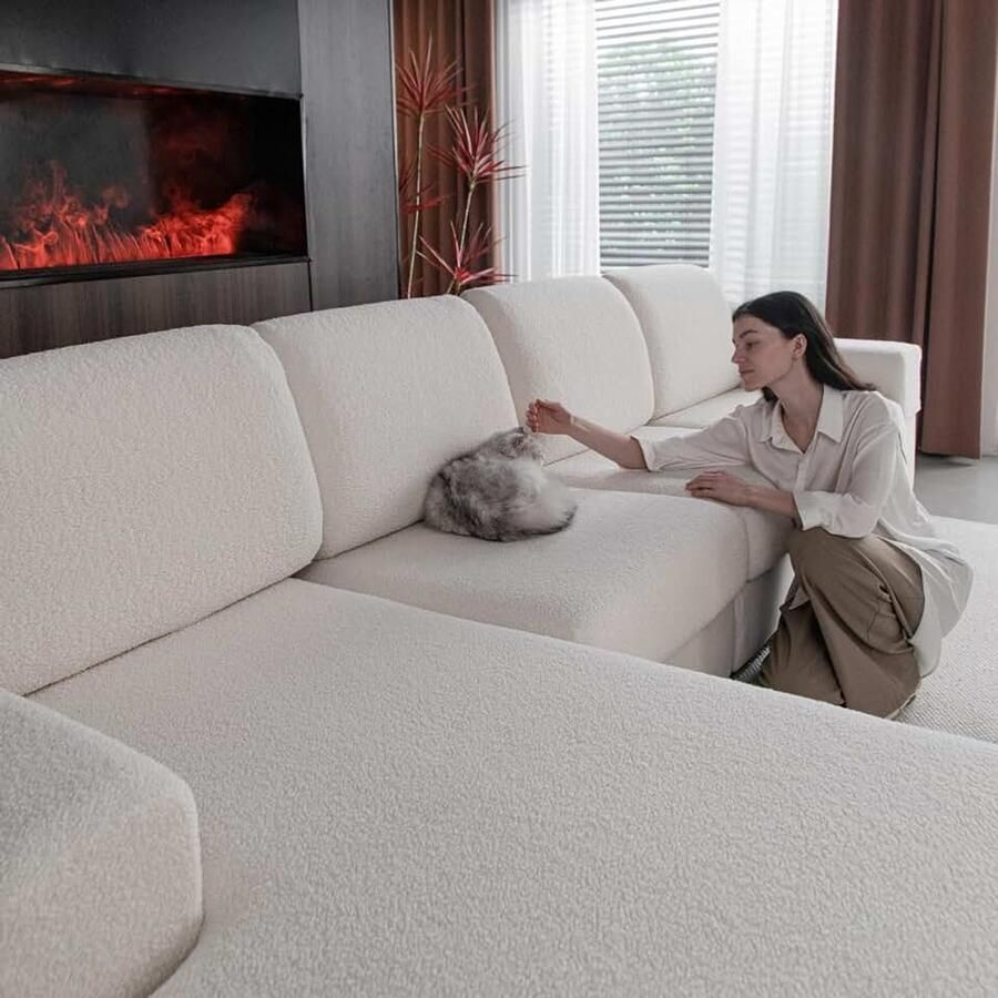 Sofa Overtrek Hoog Elastisch Anti-slip Zitkussenbescherming Wasbare Huisdiervriendelijk Sofabescherming voor Bank Duurzaam (Ivoor 3X Zitkussenovertrekken S + 1x Chaise Longue-Overtrek)