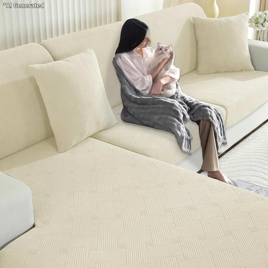 Sofa Zitkussen Hoezen Hoogelastische Universal Bankhoes Antislip Stretch Bank Kussenhoezen Voor Individuele Kussen(1-Zit Groot Beige)