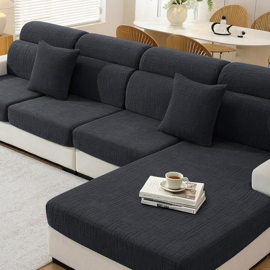 Sofa Zitkussen Hoezen Hoogelastische Universal Bankhoes Antislip Stretch Bank Kussenhoezen Voor Individuele Kussen(1 Zit*3+Chaise Longue Donkergrijs)