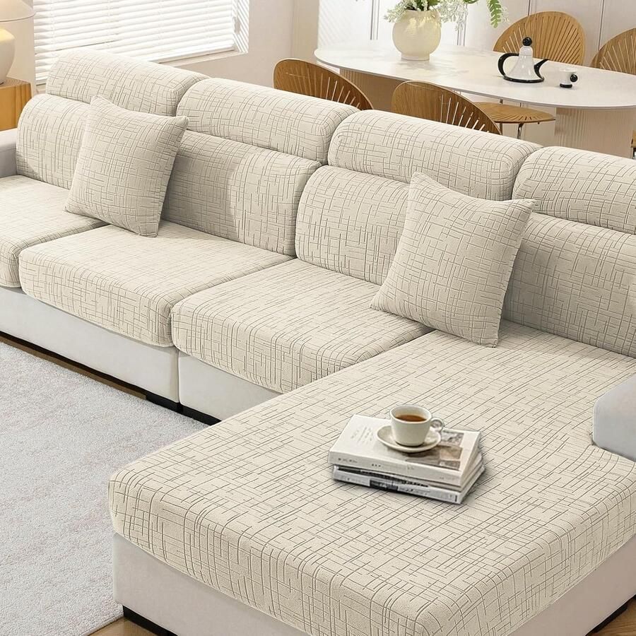 Sofa Zitkussen Hoezen Hoogelastische Universal Bankhoes Antislip Stretch Bank Kussenhoezen Voor Individuele Kussen(1 Zit*3+Chaise Longue Beige)