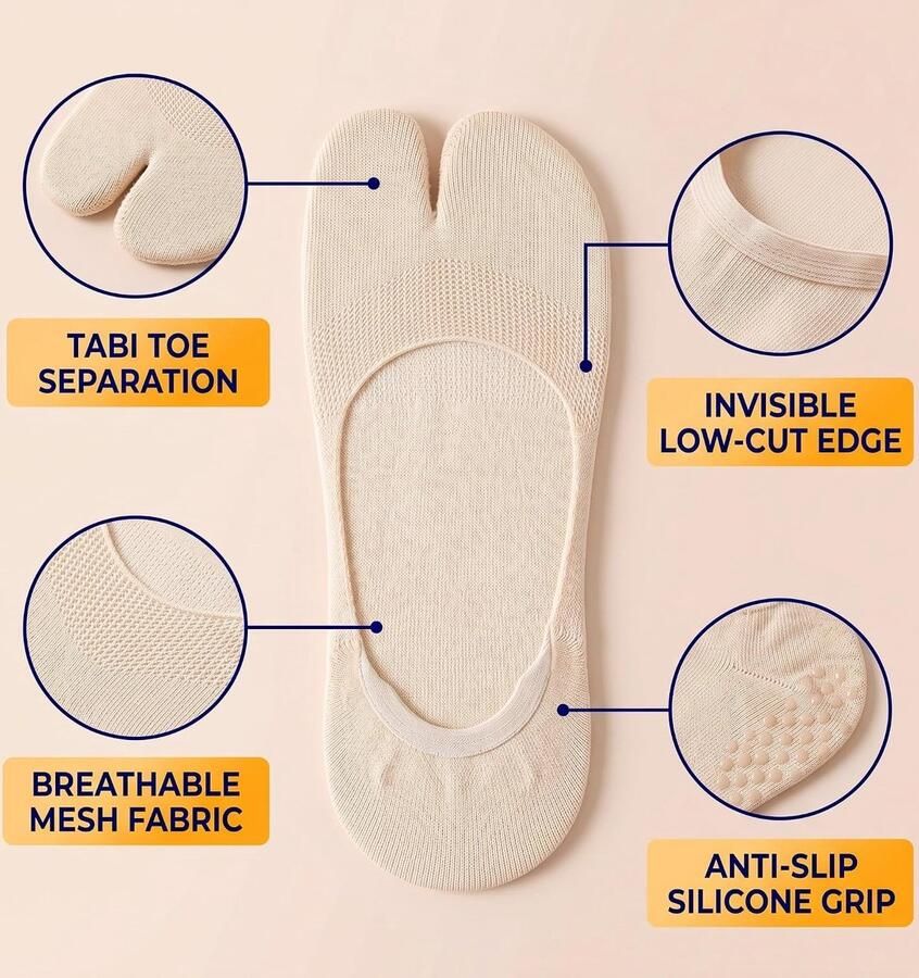 Sokken voor dames 3 paar randloos tabi sokken antislip sokken voor pantoffels lage snit voor Japanse dames met gesplitste voeten (natuurlijke kleur C)