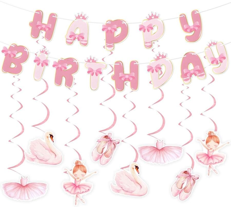 Dailygoods- Balletdecoraties Dromerig Thema Roze Happy Birthday-Banner Tutu Kaarten Zwaan Kaarten Hangende Wervelingen Feestbenodigdheden Feestdecoraties