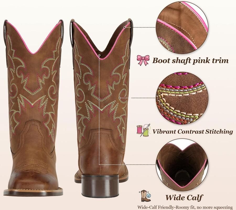 Solidchoice Dames Cowboy Boots met Vierkante Neus en Borduursel