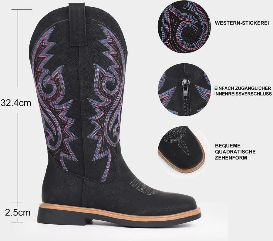 Solidchoice Dames Cowboy Boots met Vierkante Neus en Borduursel