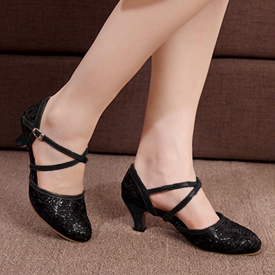 Solidchoice Dames Danssandalen Met Midden Lage Blokhak Elegante Zwarte Sandalen