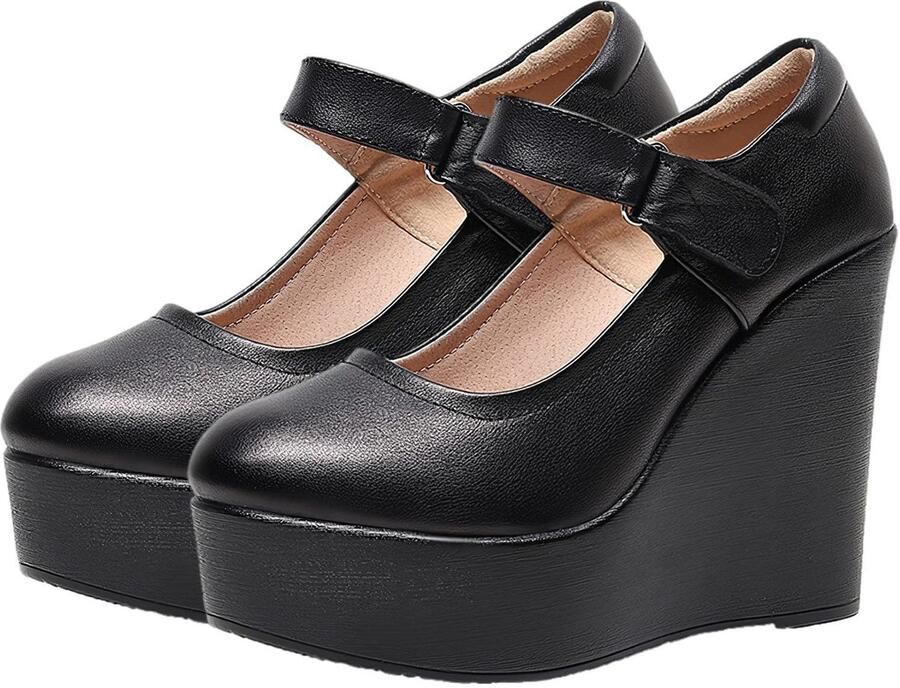 Solidchoice Dames Hoge Plateau Sleehak Mary Jane Schoenen met Klittenband