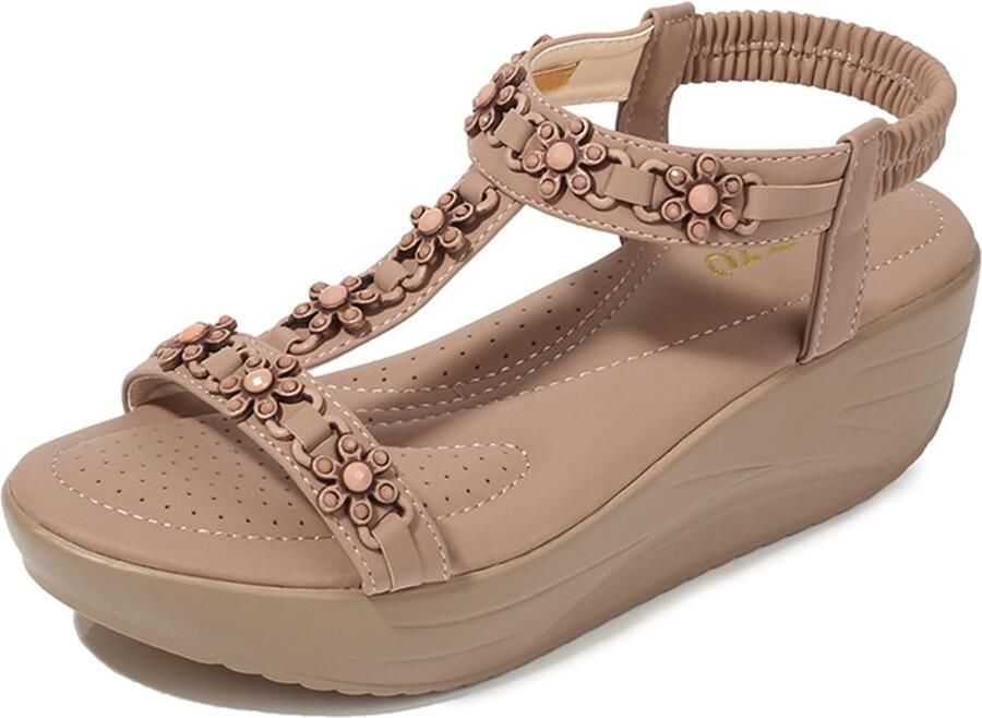 Solidchoice- Damessandalen met halfhoge sleehak T-bar Elastische slingback Bloemenkralen Comfortabele zool Zomersandalen Sleehaksandalen